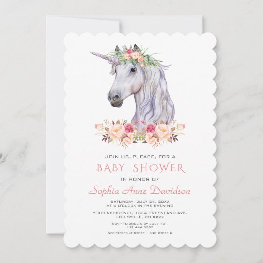 Roze Blush Waterverf Eenhoorn Meisje Baby Shower Kaart (Voorkant)