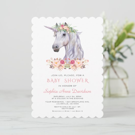 Roze Blush Waterverf Eenhoorn Meisje Baby Shower Kaart (Staand voorkant)