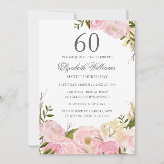 Roze Blush Waterverf Floral 60th Birthday Invite Kaart (Voorkant)
