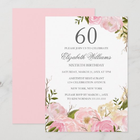 Roze Blush Waterverf Floral 60th Birthday Invite Kaart (Voorkant / Achterkant)