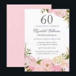 Roze Blush Waterverf Floral 60th Birthday Invite Kaart<br><div class="desc">Floral Birthday-uitnodigingen in de Little Bayleigh Store.</div>