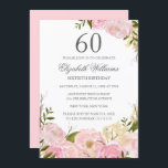 Roze Blush Waterverf Floral 60th Birthday Invite Kaart<br><div class="desc">Floral Birthday-uitnodigingen in de Little Bayleigh Store.</div>