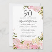Roze Blush Waterverf Floral 90th Birthday Invite Kaart (Voorkant)