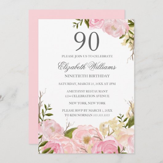Roze Blush Waterverf Floral 90th Birthday Invite Kaart (Voorkant / Achterkant)
