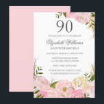 Roze Blush Waterverf Floral 90th Birthday Invite Kaart<br><div class="desc">Floral Birthday-uitnodigingen in de Little Bayleigh Store.</div>
