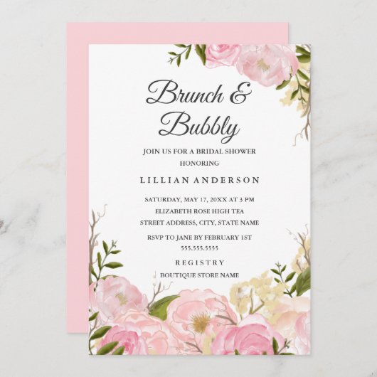 Roze Blush Waterverf Floral Brunch en Bubbly Kaart (Voorkant / Achterkant)