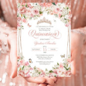 Roze Blush White Floral Butterfly Quinceanera Kaart