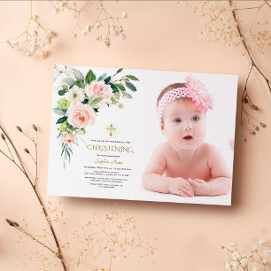 Roze Blush White Floral Photo Girl Christening Kaart