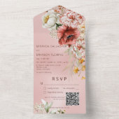 Roze Blush & White Modern Floral Pink QR Code All In One Uitnodiging (Binnen)