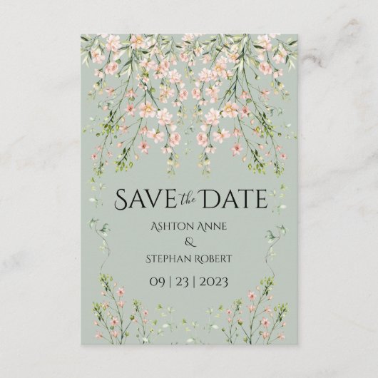 Roze Blush Wilde Bloemen Salie Groene Trouwdag Save The Date (Voorkant)