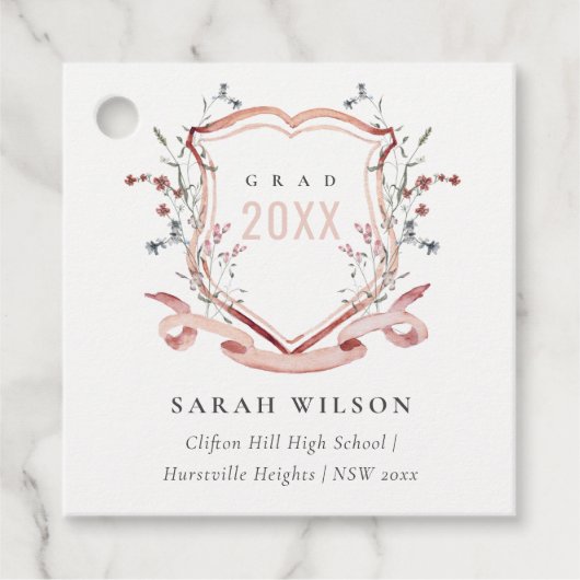 Roze blush Wilde Waterverf Crest Afstuderen Bedankjes Labels (Voorkant)