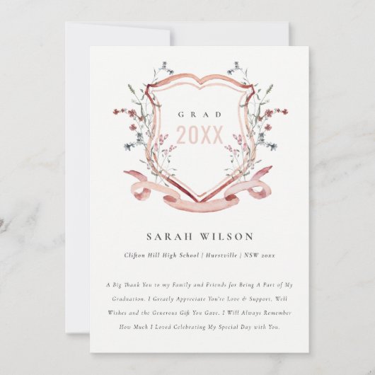Roze blush Wilde Waterverf Crest Afstuderen Bedankkaart (Voorkant)