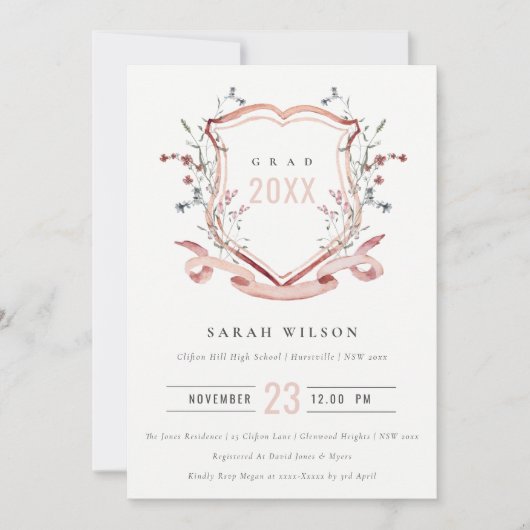 Roze blush Wilde Waterverf Crest Afstuderen Kaart (Voorkant)