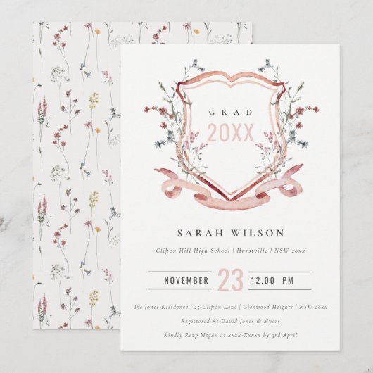 Roze blush Wilde Waterverf Crest Afstuderen Kaart (Voorkant / Achterkant)