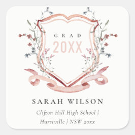 Roze blush Wilde Waterverf Crest Afstuderen Vierkante Sticker