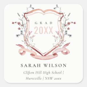 Roze blush Wilde Waterverf Crest Afstuderen Vierkante Sticker