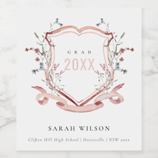Roze blush Wilde Waterverf Crest Afstuderen Wijn Etiket (Enkel label)