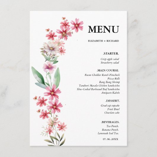 Roze blush Wildflower bruiloft Vrijgezellenfeest Menu (Voorkant)