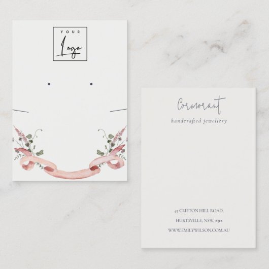 Roze blush Wildflower Ribbon Logo Earning Ketting Visitekaartje (Voorkant / Achterkant)