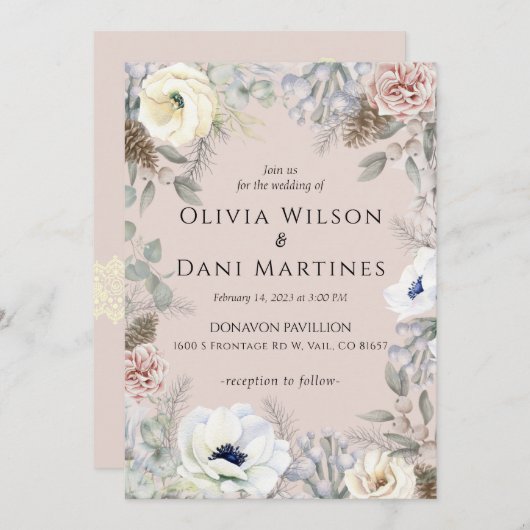 Roze Blush Wit Bloemen Natuur Bruiloft Uitnodiging (Voorkant / Achterkant)