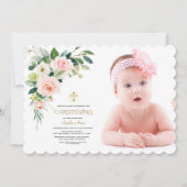 Roze Blush Witte Bloem Foto Meisje Doop Kaart (Voorkant)