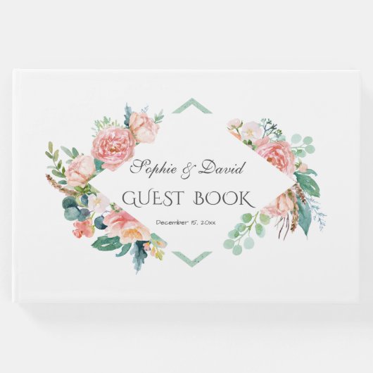 Roze Blush Witte Bloemen Groene Lijst bruiloft Gastenboek (Voorkant)
