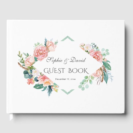 Roze Blush Witte Bloemen Groene Lijst bruiloft Gastenboek (Voorkant)