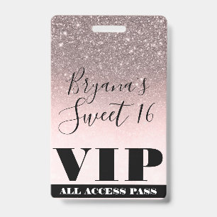 Roze Blush Zilver Glitter Glam Sweet 16 VIP Pas Badge