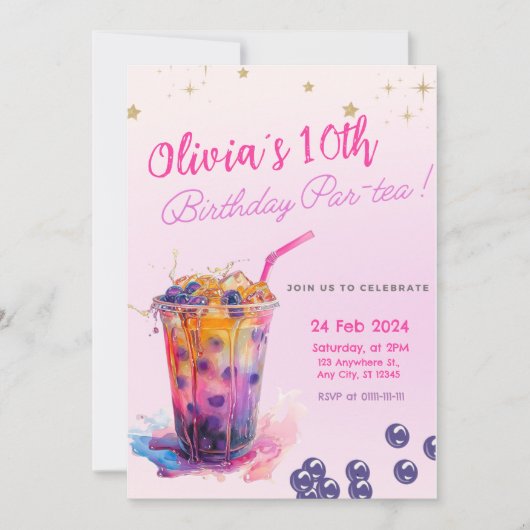 Roze Boba Tea Meisje Verjaardag Party Uitnodiging  (Voorkant)