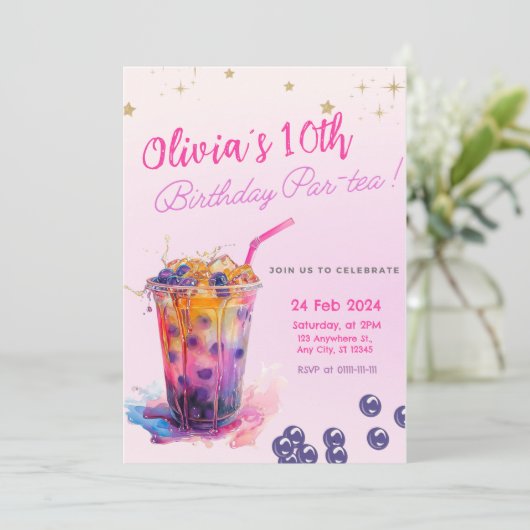 Roze Boba Tea Meisje Verjaardag Party Uitnodiging (Staand voorkant)