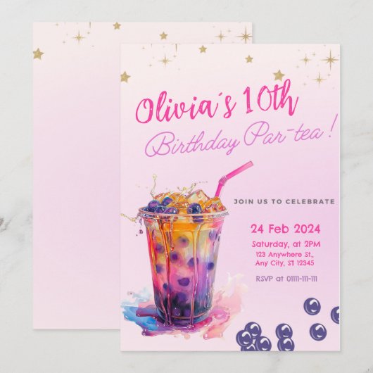 Roze Boba Tea Meisje Verjaardag Party Uitnodiging (Voorkant / Achterkant)