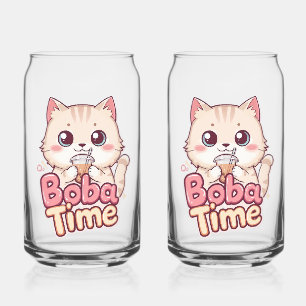 Roze Boba-thee en katillustratie Blikvorm Glas