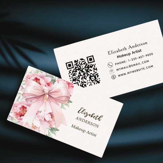 Roze boeg bloemen beige crème qr code visitekaartje