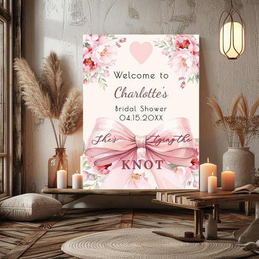 Roze boeg bloemen knoop vrijgezellenfeest welkomst poster