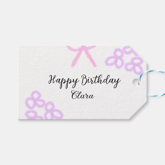 Roze boeg paarse bloemenpastel Happy Birthday Cadeaulabel (Voorkant (Horizontaal))