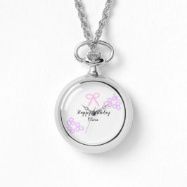Roze boeg paarse bloemenpastel Happy Birthday Horloge