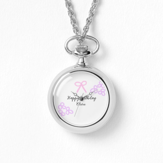 Roze boeg paarse bloemenpastel Happy Birthday Horloge (Voorkant)