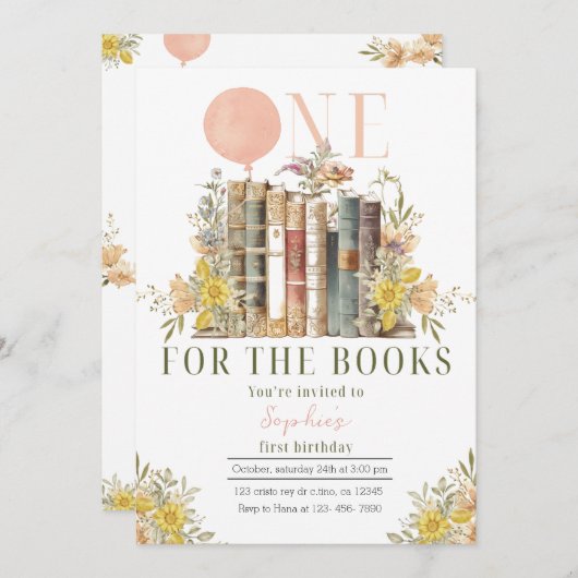 Roze Boek Eerste Verjaardag Uitnodiging (Voorkant / Achterkant)