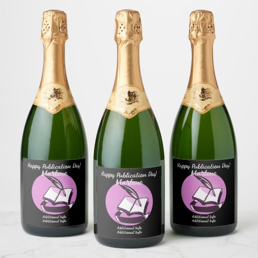 Roze Boek en Quill Sparkling Wijnetiket (Flessen)