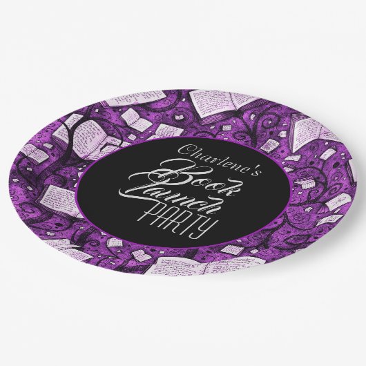 Roze boek lanceringsfeest papieren bordje (Gekanteld)