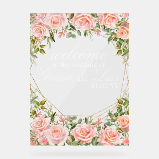 Roze Boeket Botanische Bloemen Gouden Bruiloft Acryl Bord (Voorkant)