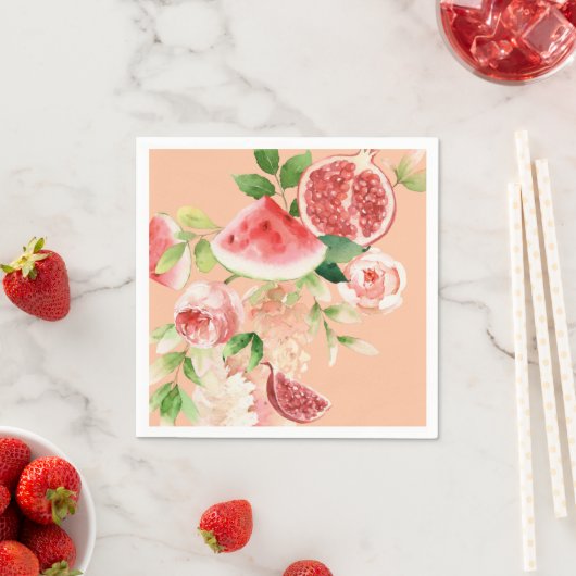 Roze boeket met fruit en gebladerte papieren serve servet (Insitu)