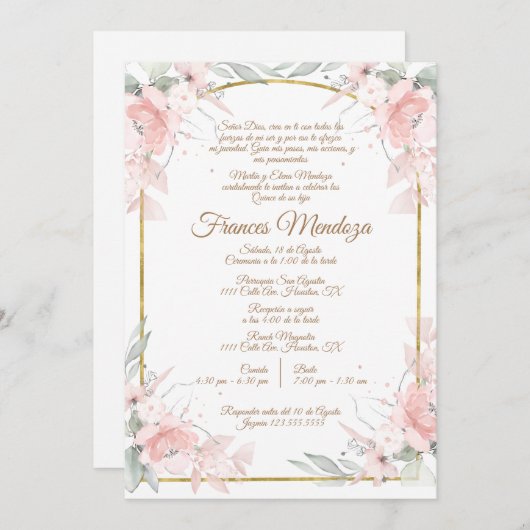 Roze boeket quinceañera uitnodiging (Voorkant / Achterkant)