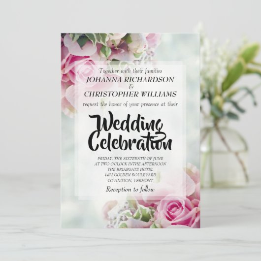 Roze Boeket Roze Pastel Bloemige Trouw Uitnodiging (Staand voorkant)