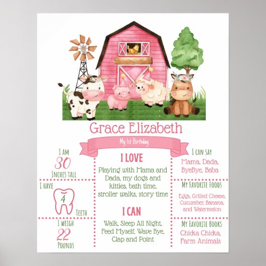 Roze Boerderij 1st Birthday Milestone Poster (Voorkant)