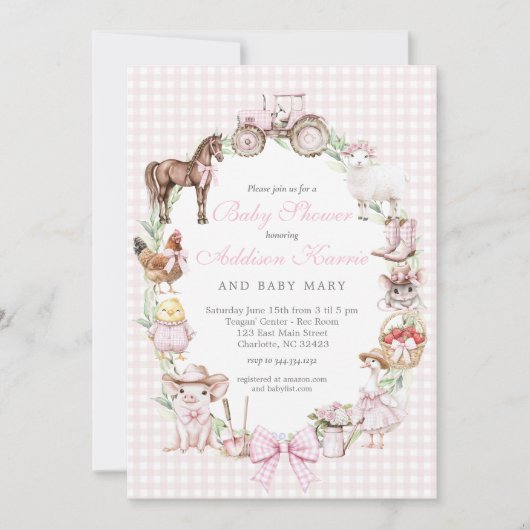 Roze boerderij babyshower uitnodiging (Voorkant)