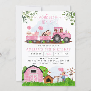 Roze Boerderij Barnyard Animals Birthday Invitatio Kaart