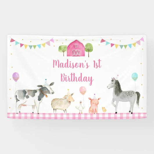 Roze Boerderij Barnyard Birthday Spandoek (Horizontaal)