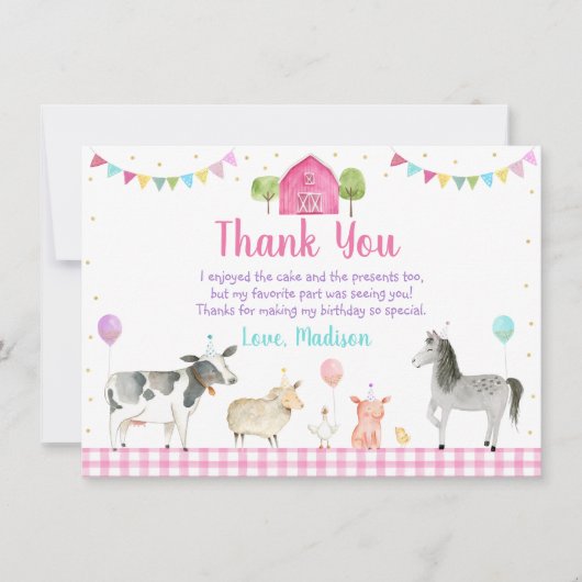 Roze Boerderij Barnyard Boerderij Animal Birthday Bedankkaart (Voorkant)