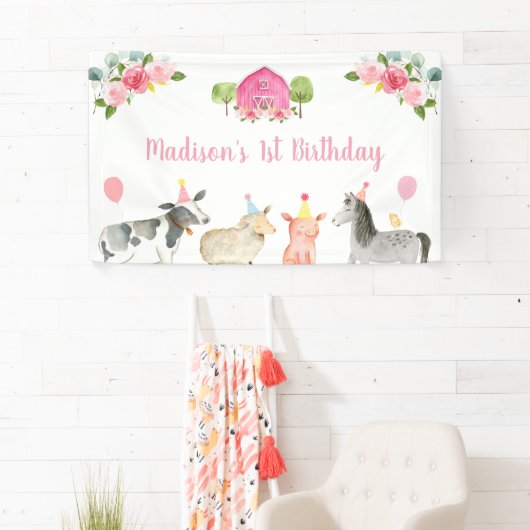 Roze Boerderij Barnyard Floral Birthday Spandoek (Insitu)
